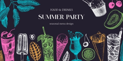 Summer party background. Non-alcoholic beverage, mocktail, ice cream, fruit, cocktail sketches. Hand drawn vector illustration. Summer food festival frame. Bar menu. Tropical design on chalkboard